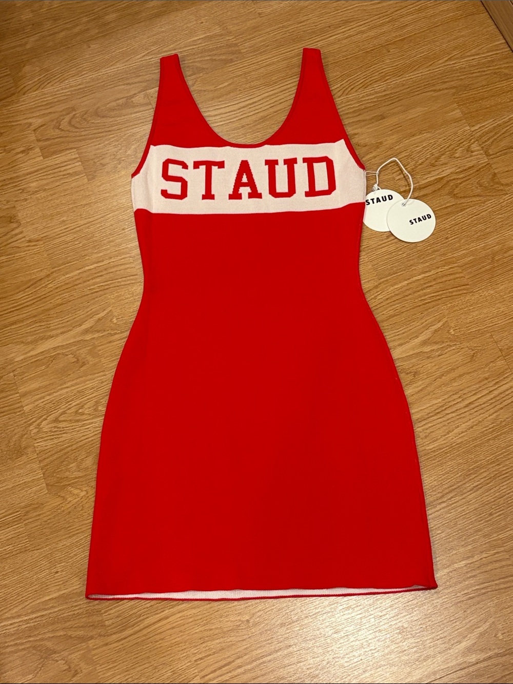 STAUD Red and Cream Logo Knit Mini Dress